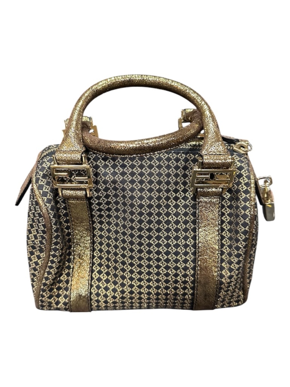 Fendi Zucca Mini Boston Satchel Brown Canvas & Metallic Bronze Leather Bag with